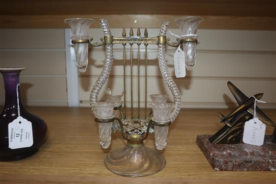 A Bohemian brass and glass lyre-shaped centrepiece